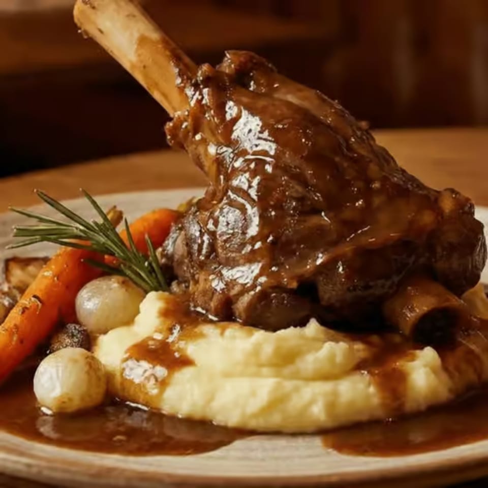 Braised lamb shank with gravy, mashed potatoes, roasted carrots, and pearl onions on a plate.