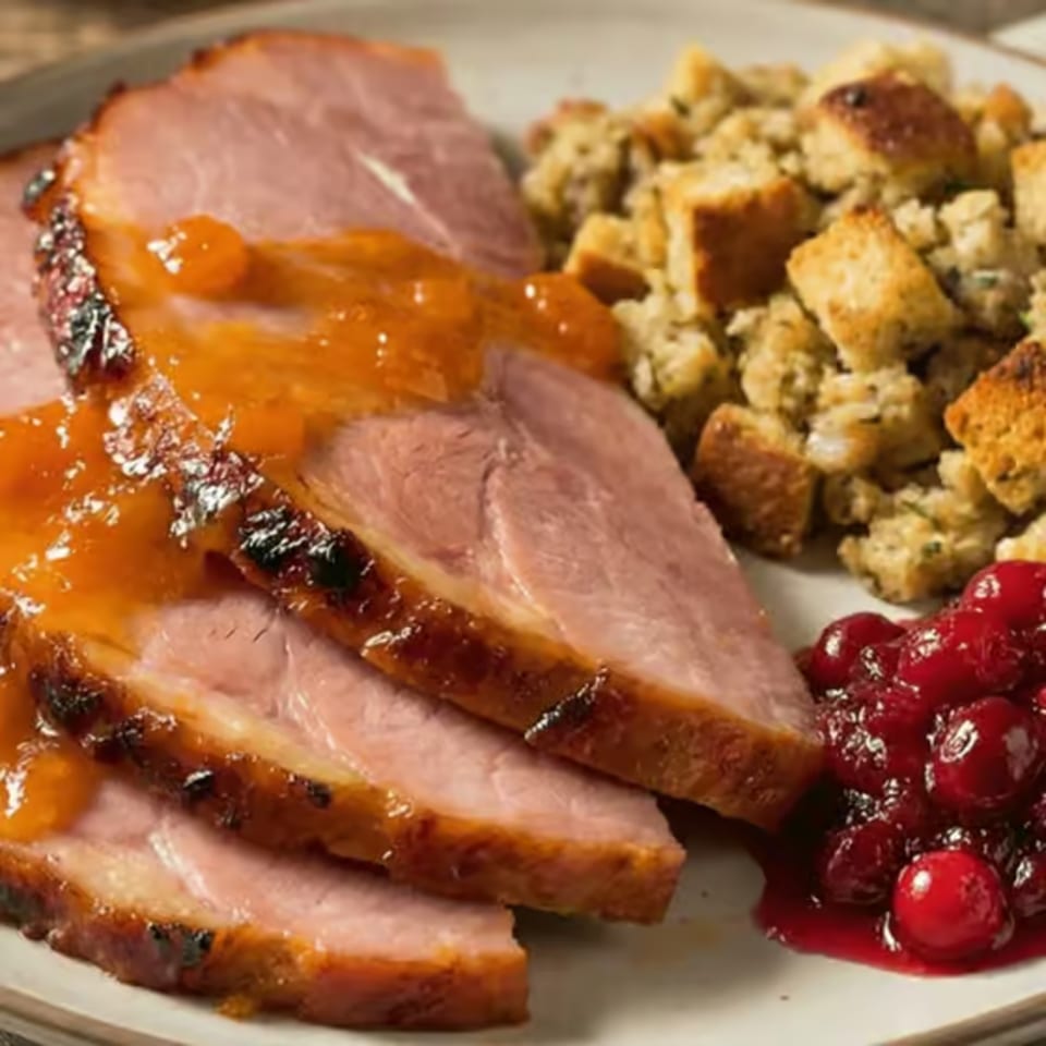 Glazed ham slices with stuffing and cranberry sauce on a white plate at Back Home Restaurant.