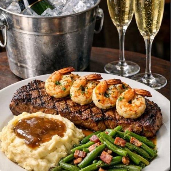Grilled steak and shrimp with mashed potatoes, gravy, and green beans, with champagne in the background.